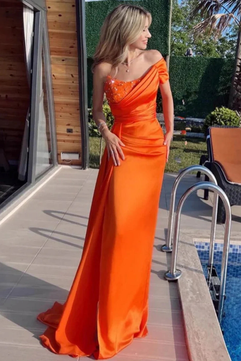 Orange One Shoulder Sleeveless Mermaid Party Prom Dress With Train