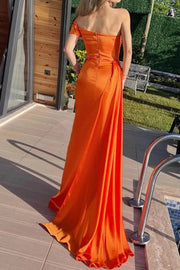 Orange One Shoulder Sleeveless Mermaid Party Prom Dress With Train