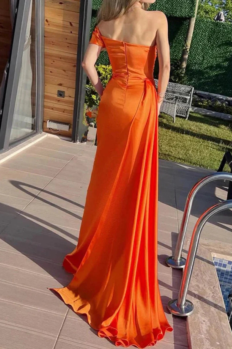 Orange One Shoulder Sleeveless Mermaid Party Prom Dress With Train