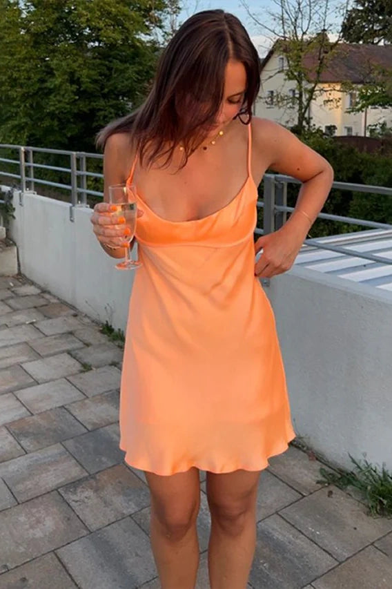 Orange Satin Boat Sleeveless Mini Party Homecoming Dress