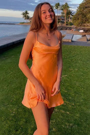 Orange Satin Boat Sleeveless Mini Party Homecoming Dress