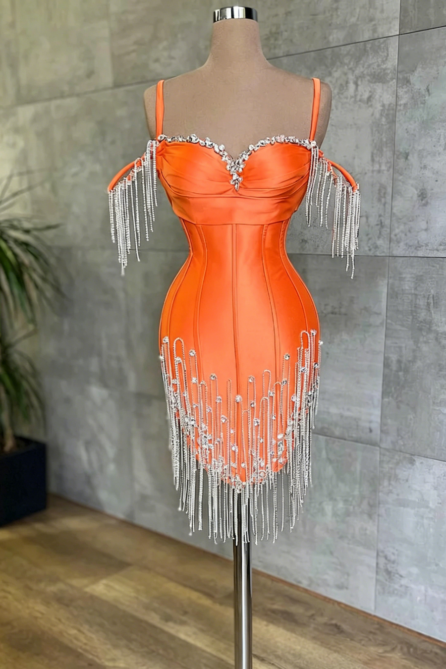 Orange Satin Fitted Beaded Off-Shoulder Mini Homecoming Dress