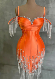 Orange Satin Fitted Beaded Off-Shoulder Mini Homecoming Dress