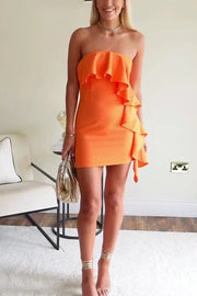 Orange Satin Fitted Strapless Pleated Mini Homecoming Dress