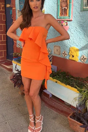 Orange Satin Fitted Strapless Pleated Mini Homecoming Dress