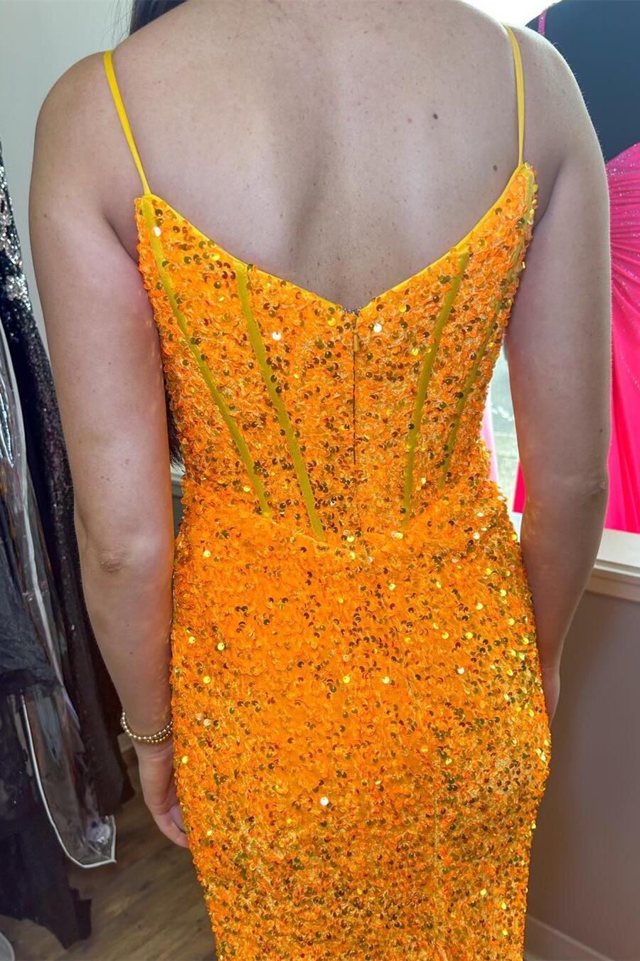 Orange Sequins Spaghetti Straps Trumpet Long Party Prom Dress