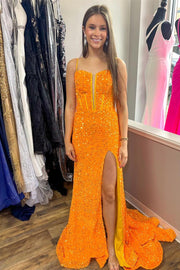 Orange Sequins Spaghetti Straps Trumpet Long Party Prom Dress