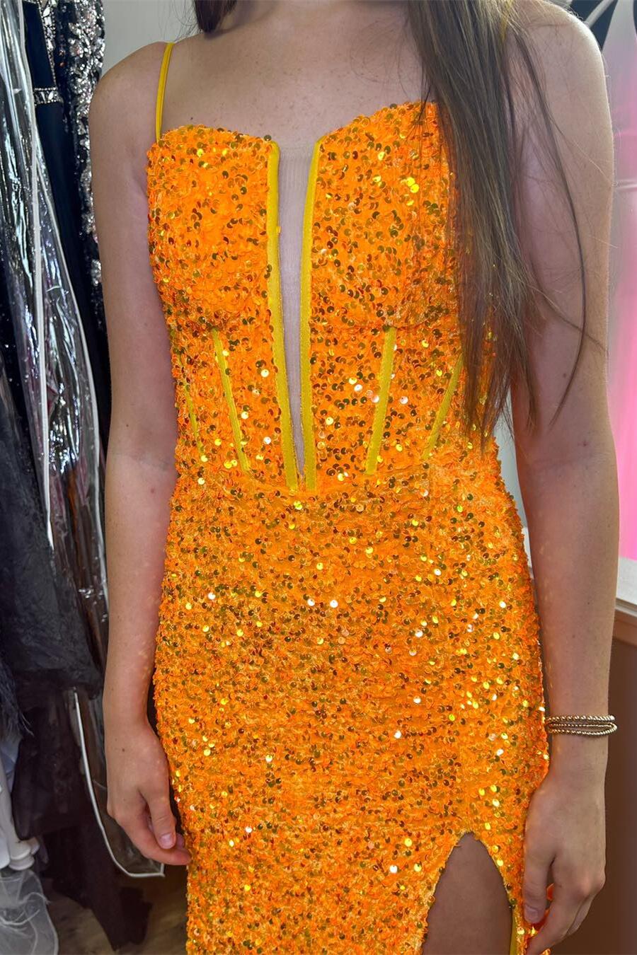 Orange Sequins Spaghetti Straps Trumpet Long Party Prom Dress