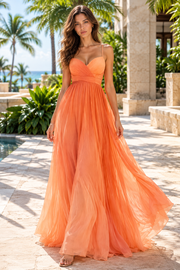 Orange Sweetheart Sleeveless Tulle A-Line Open Back Party Prom Dress