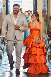 Orange Sweetheart Straps Satin A-Line Tiered Party Prom Dress
