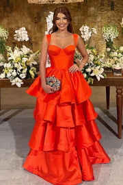 Orange Sweetheart Straps Satin A-Line Tiered Party Prom Dress
