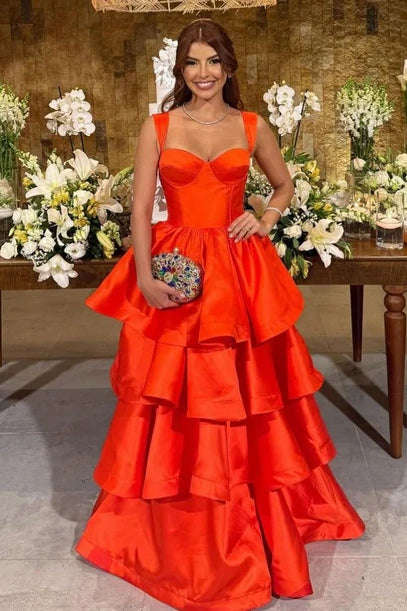 Orange Sweetheart Straps Satin A-Line Tiered Party Prom Dress