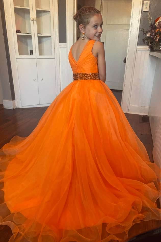 Orange Tulle A-Line V-Neck Beaded Girl Pageant Dress