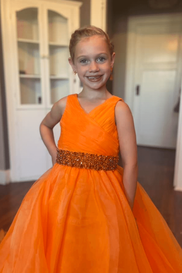 Orange Tulle A-Line V-Neck Beaded Girl Pageant Dress