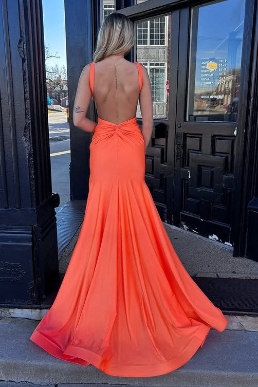 Orange V-Neck Backless Mermaid Prom Dress With Slit