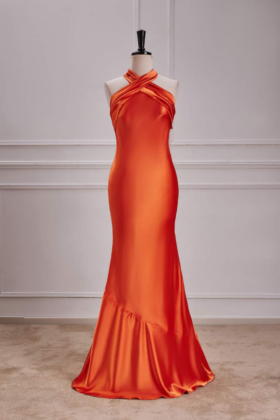 Orange Bow Tie Halter Mermaid Satin Long Bridesmaid Dress Custom Color / US 6