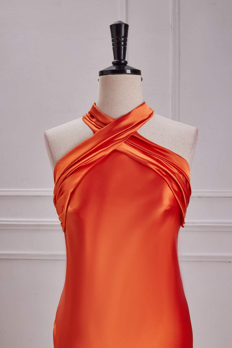 Orange Bow Tie Halter Mermaid Satin Long Bridesmaid Dress front closeup shot