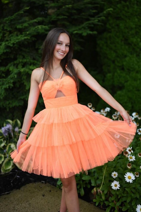 Orange Spaghetti Straps A Line Tiered Ruffles  Front View