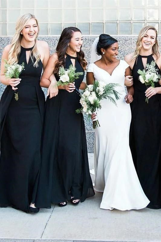 Ornate Black Round Sleeveless With Train Bridesmaid Dress