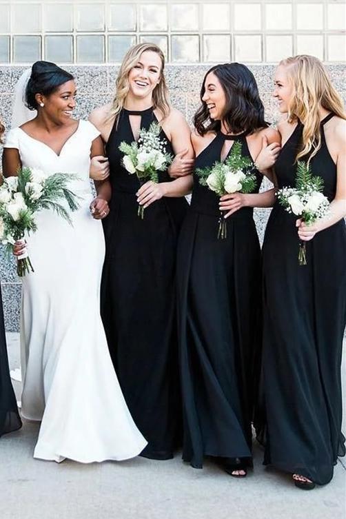 Ornate Black Round Sleeveless With Train Bridesmaid Dress