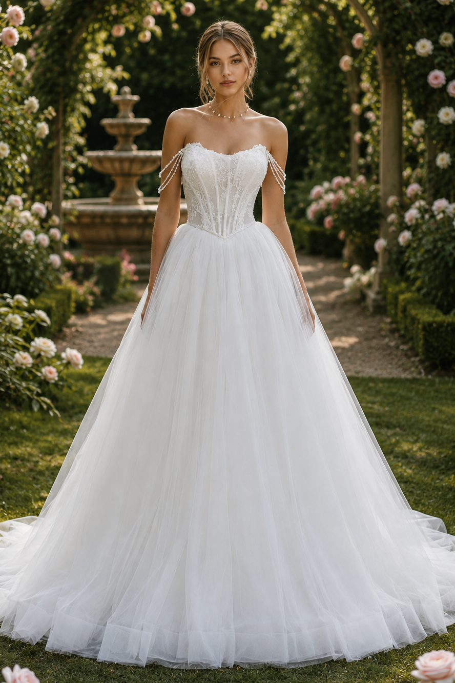 Pearl Off-Shoulder Lace Top Tulle A-Line Boat Wedding Dress