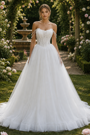 Pearl Off-Shoulder Lace Top Tulle A-Line Boat Wedding Dress