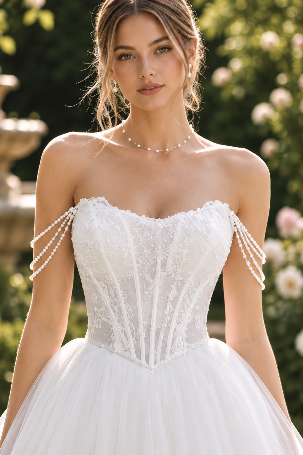 Pearl Off-Shoulder Lace Top Tulle A-Line Boat Wedding Dress
