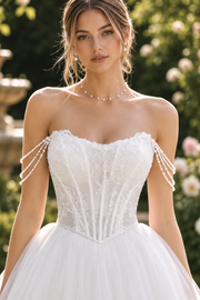 Pearl Off-Shoulder Lace Top Tulle A-Line Boat Wedding Dress
