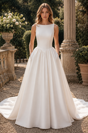 Pearl Scoop Sleeveless Empire A-Line Satin Wedding Dress With Train