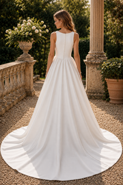 Pearl Scoop Sleeveless Empire A-Line Satin Wedding Dress With Train