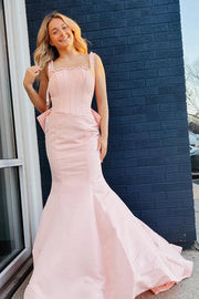 Pearls Square Satin Mermaid Party Prom Dress With Bow