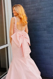 Pearls Square Satin Mermaid Party Prom Dress With Bow