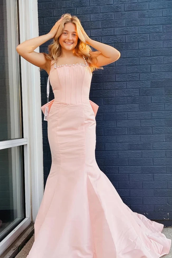 Pearls Square Satin Mermaid Party Prom Dress With Bow
