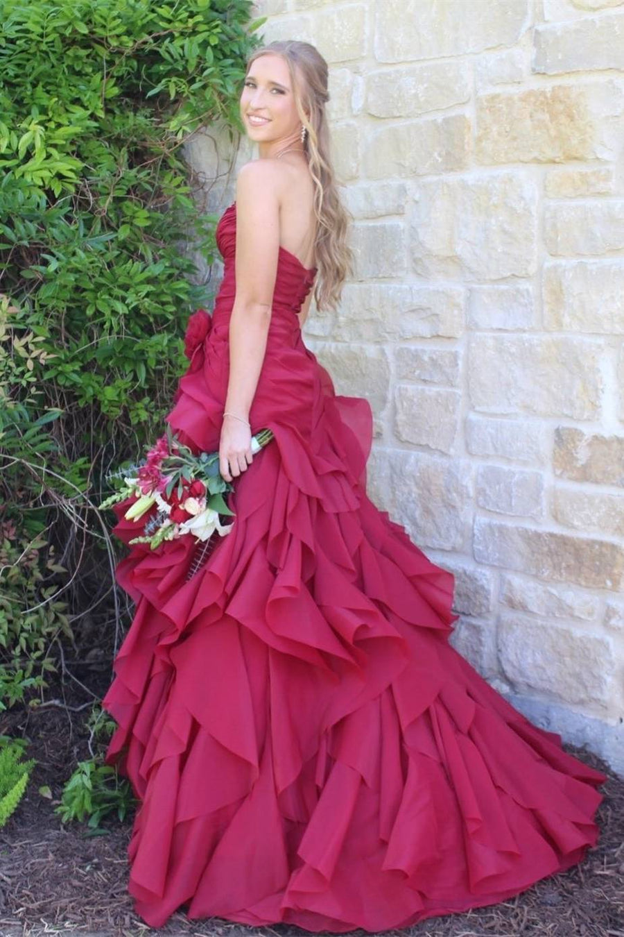 Chiffon Tiered A-Line Pleated Empire Strapless Party Prom Dress