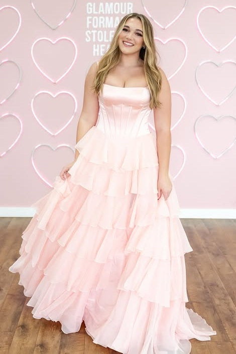 Pink A-Line Bateau Straps Chiffon Tiered Party Prom Dress