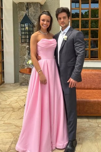 Pink A-Line Empire Ruched Strapless Long Party Prom Dress