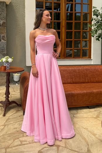 Pink A-Line Empire Ruched Strapless Long Party Prom Dress
