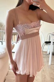 Pink A-Line Lace Beaded And Chiffon Pleated  Short Homecoming Dress