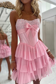 Pink A-Line Peark Strapless Tiered Two Tone Homecoming Dress