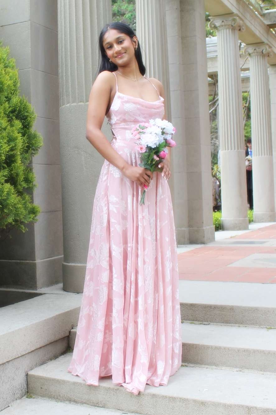 Pink A-Line Sleeveless Floral Appliques Chiffon Long Party Prom Dress
