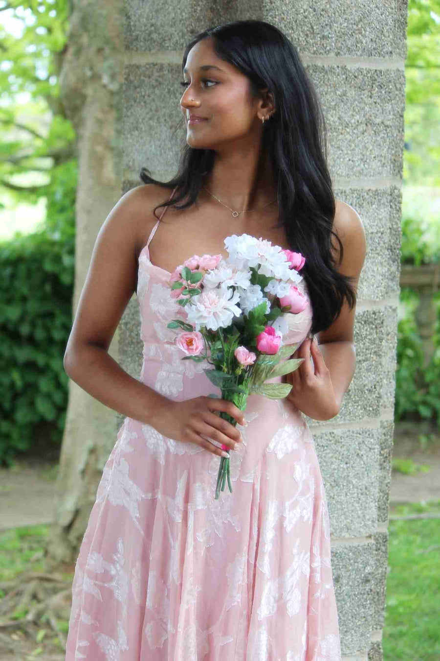 Pink A-Line Sleeveless Floral Appliques Chiffon Long Party Prom Dress