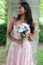 Pink A-Line Sleeveless Floral Appliques Chiffon Long Party Prom Dress