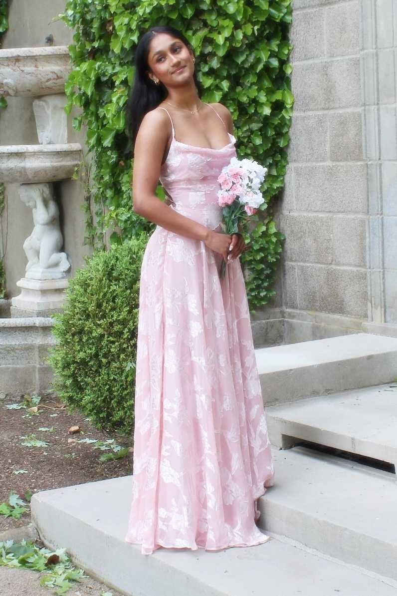 Pink A-Line Sleeveless Floral Appliques Chiffon Long Party Prom Dress