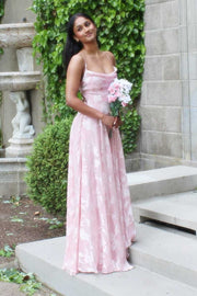 Pink A-Line Sleeveless Floral Appliques Chiffon Long Party Prom Dress