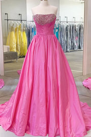 Pink A-Line Strapless Beaded Empire Prom Party Dress