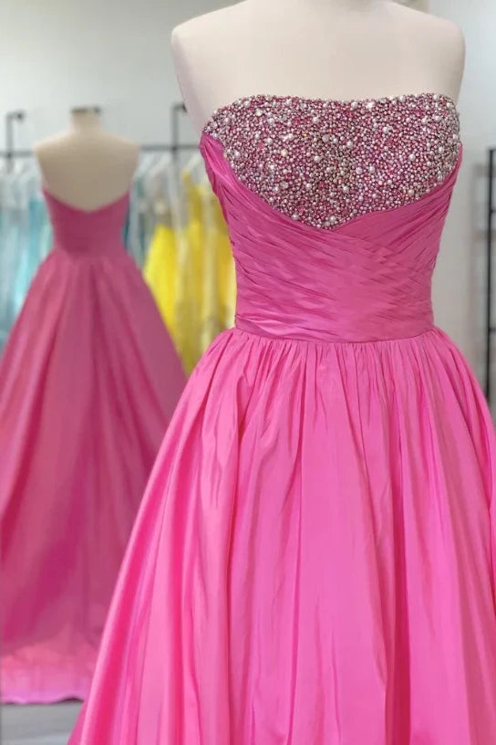 Pink A-Line Strapless Beaded Empire Prom Party Dress