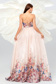 Pink A-Line Strapless Empire Floral Appliques Prom Party Dress