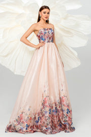 Pink A-Line Strapless Empire Floral Appliques Prom Party Dress