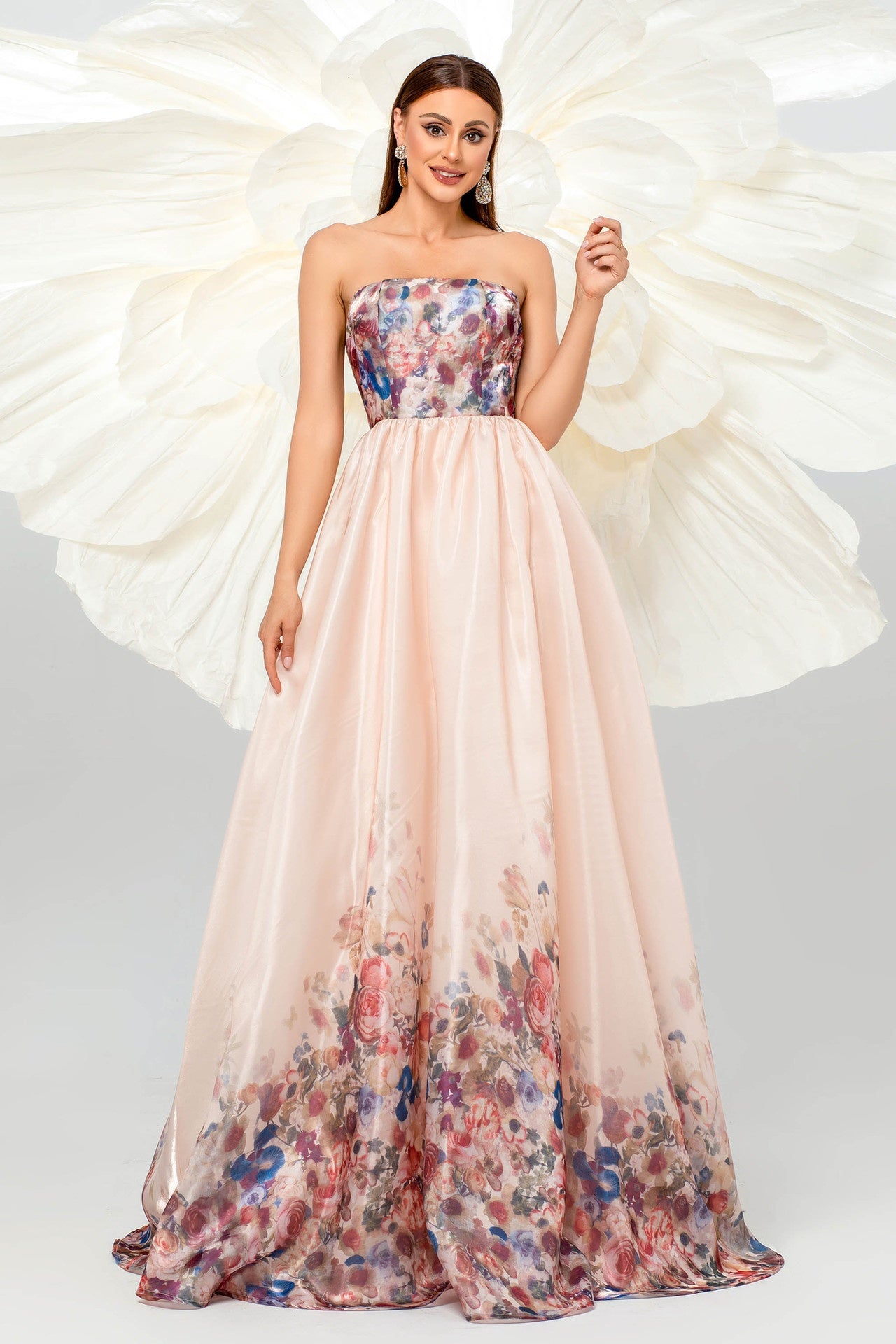 Pink A-Line Strapless Empire Floral Appliques Prom Party Dress
