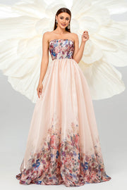 Pink A-Line Strapless Empire Floral Appliques Prom Party Dress